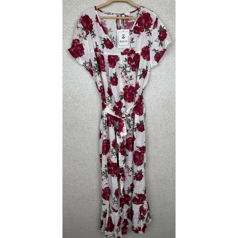 NWT Red Floral Midi Dress Cottagecore Tie Waist Short Sleeve Boho Large